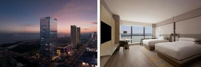 从左至右：汕头万豪酒店外观图、海湾全景双床房